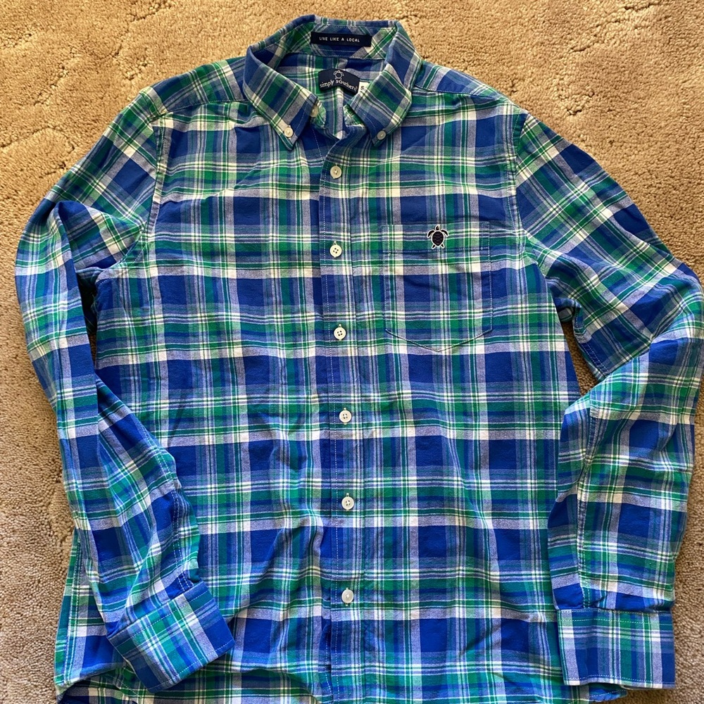 Simply Southern Blue & Green Plaid Button-Down Shirt boys small